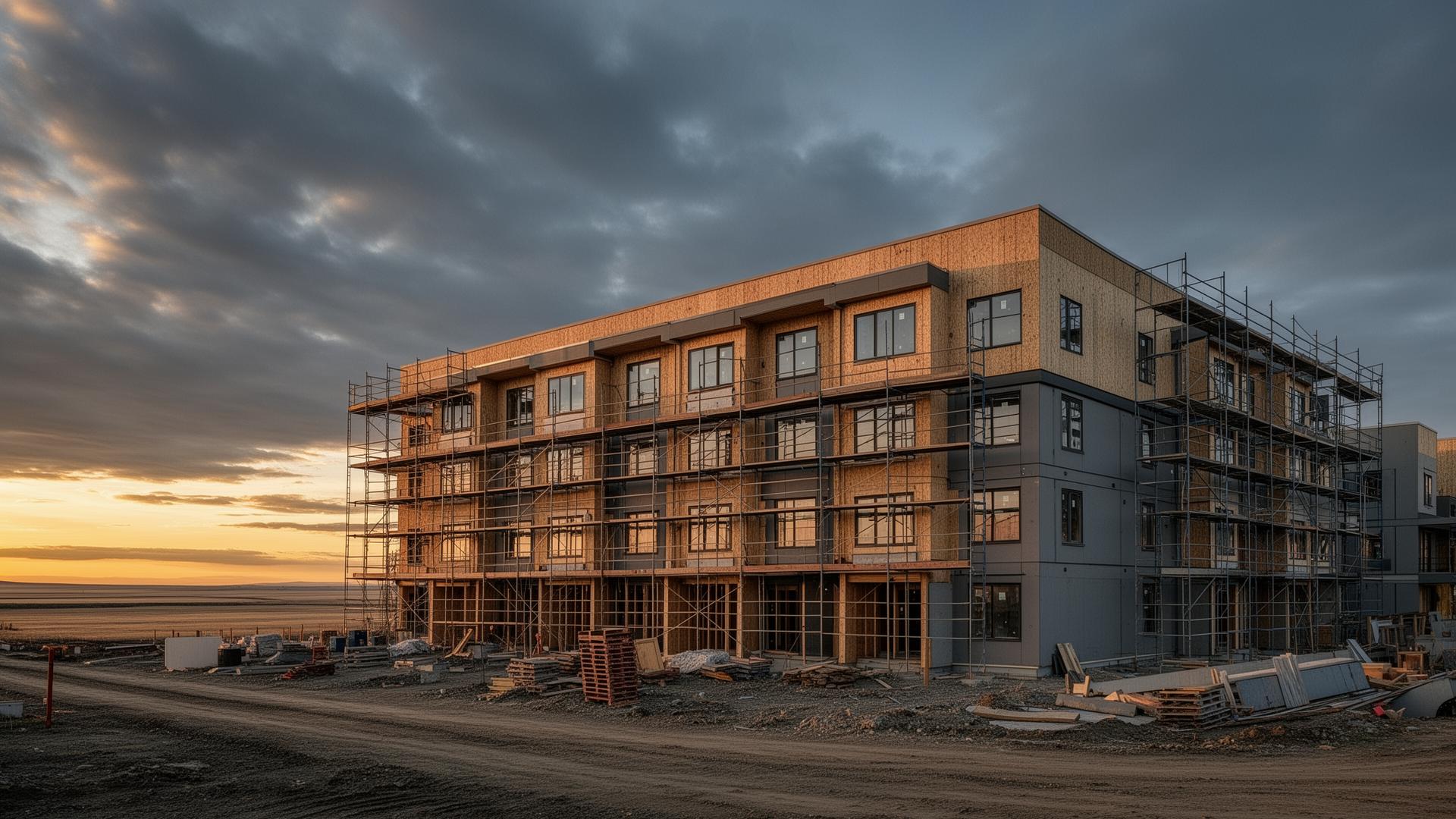 Multi-storey townhouse development under construction at sunset in Alberta